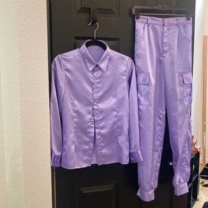 Womens NWOT Gorgeous Retro 70’s 80’s 2 Pc Lavender Silky Satiny Pantsuit Sz XS
